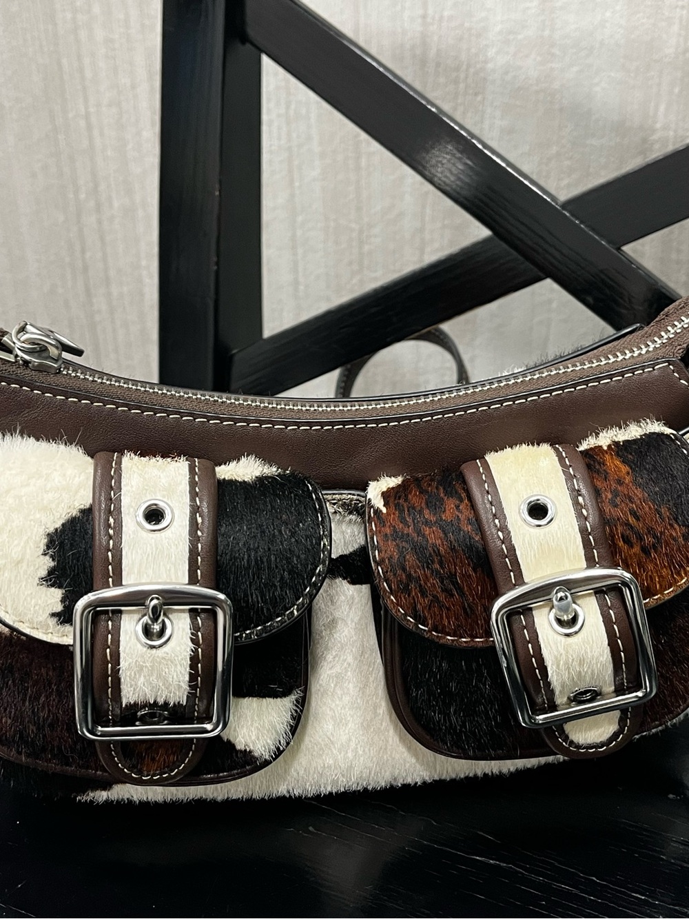 Cowhide Ashton Patch Leather Crossbody Bag in Brown and White - Picture 2 of 12